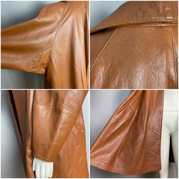 Vintage Leather Jacket Oversize Women Open Front FLAWS Soft Batwing Sleeve Brown - Picture 9 of 16